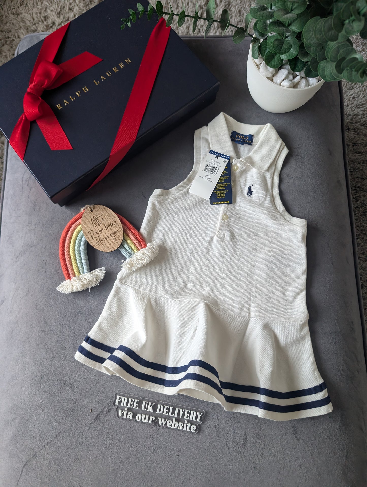 New Ralph Lauren Girls White Navy Stripe Polo Frill Sleeveless Dress Gift Age 2y