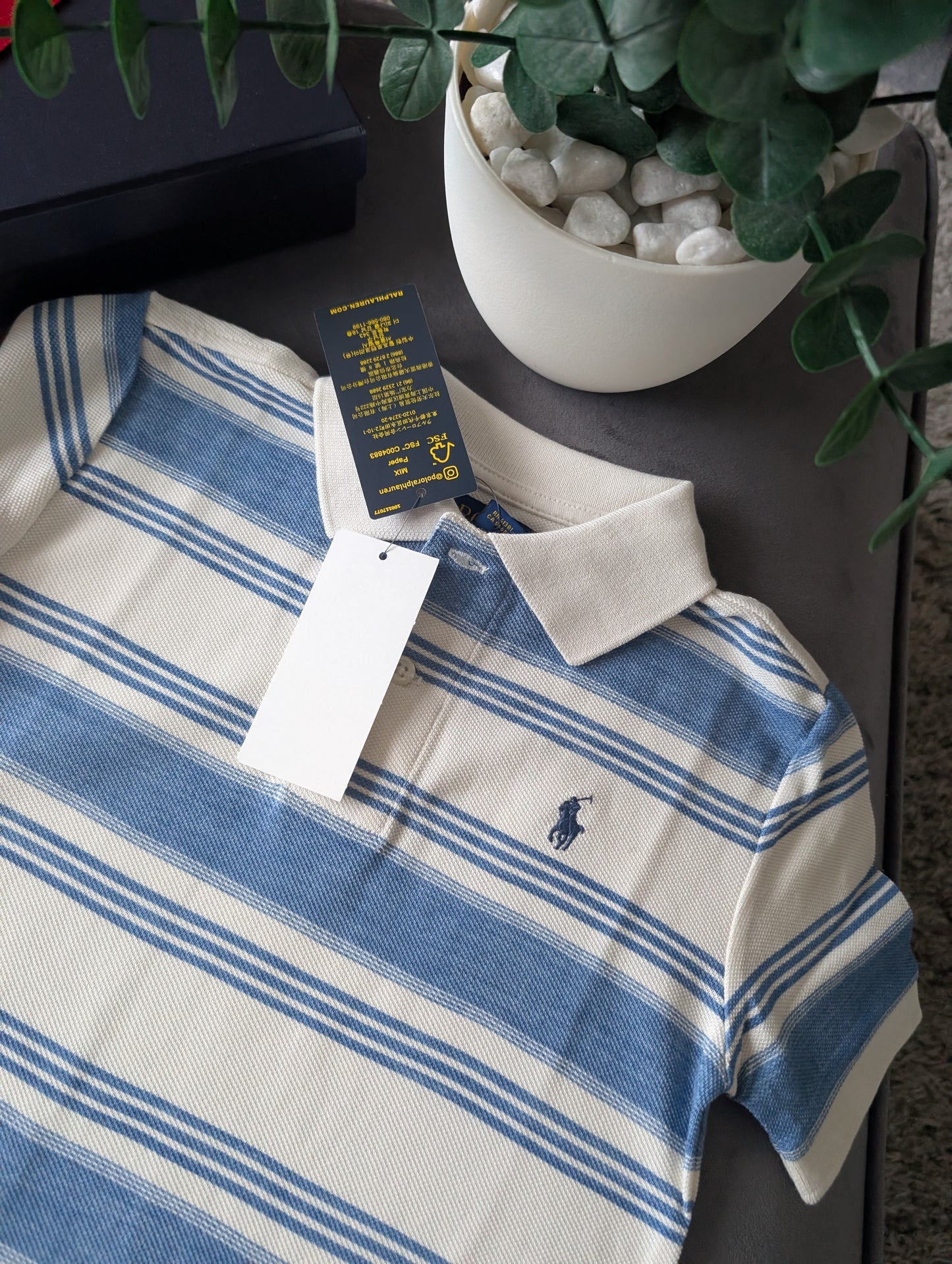 New Ralph Lauren Boys White Blue Stripe Smart Polo T Shirt Summer Gift Casual 4y