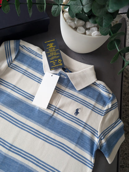 New Ralph Lauren Boys White Blue Stripe Smart Polo T Shirt Summer Gift Casual 4y