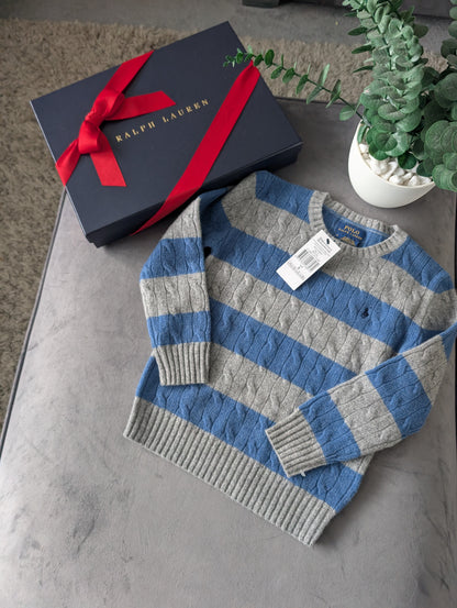 New Boys Ralph Lauren Blue Grey Stripe Cable knit jumper Cashmere Blend 5-6yr