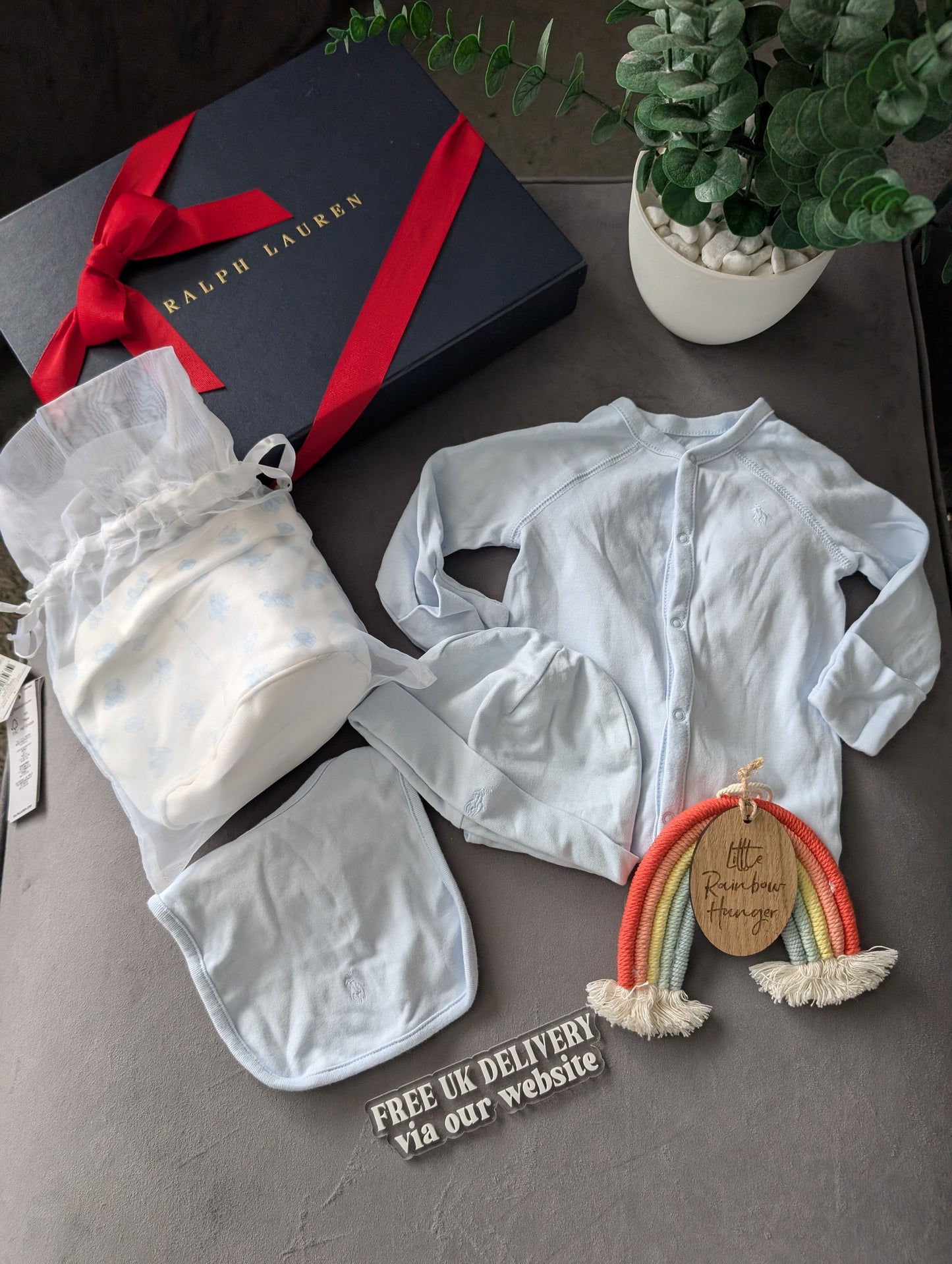 New Ralph Lauren Baby Boy Gift Set Basket Bear Romper Hat + Bib 3-6 Gift 4pc