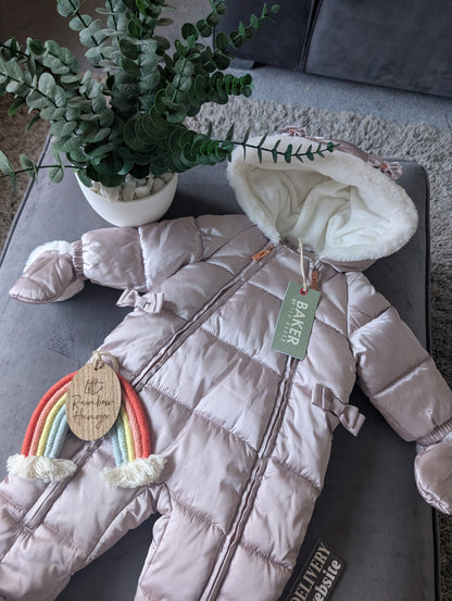 Ted Baker Silver Padded Ruffle Trim Snowsuit & Mittens Set Age 3-6mths BNWT £54