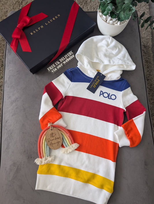 New Ralph Lauren Girls Hoodie Jumper Dress Polo Multicoloured Logo 2-3yrs Gift