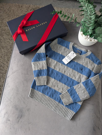 New Boys Ralph Lauren Blue Grey Stripe Cable knit jumper Cashmere Blend 5-6yr