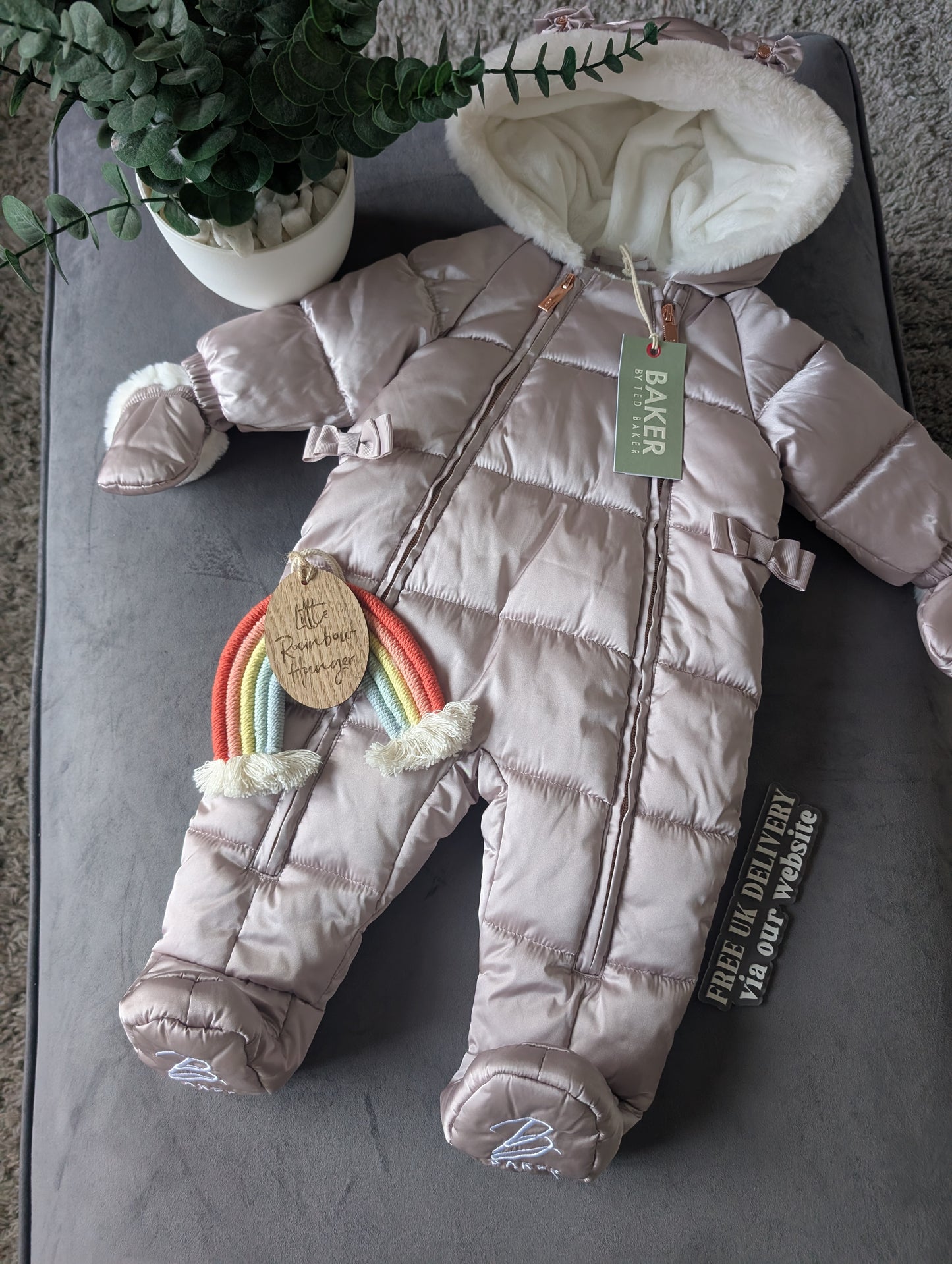 Ted Baker Silver Padded Ruffle Trim Snowsuit & Mittens Set Age 3-6mths BNWT £54