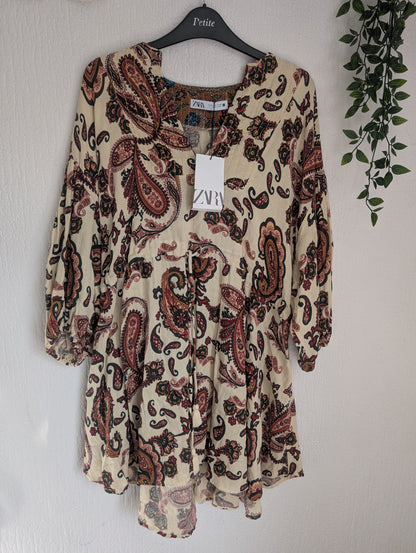 New ZARA MULTICOLOURED COTTON PAISLEY  V NECK SHORT DRESS Sz S BNWT £59.99🌻