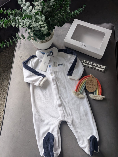 New Hugo Boss Baby Boy Ivory Blue Romper All In One 9-12m £75 Gift Smart Velour