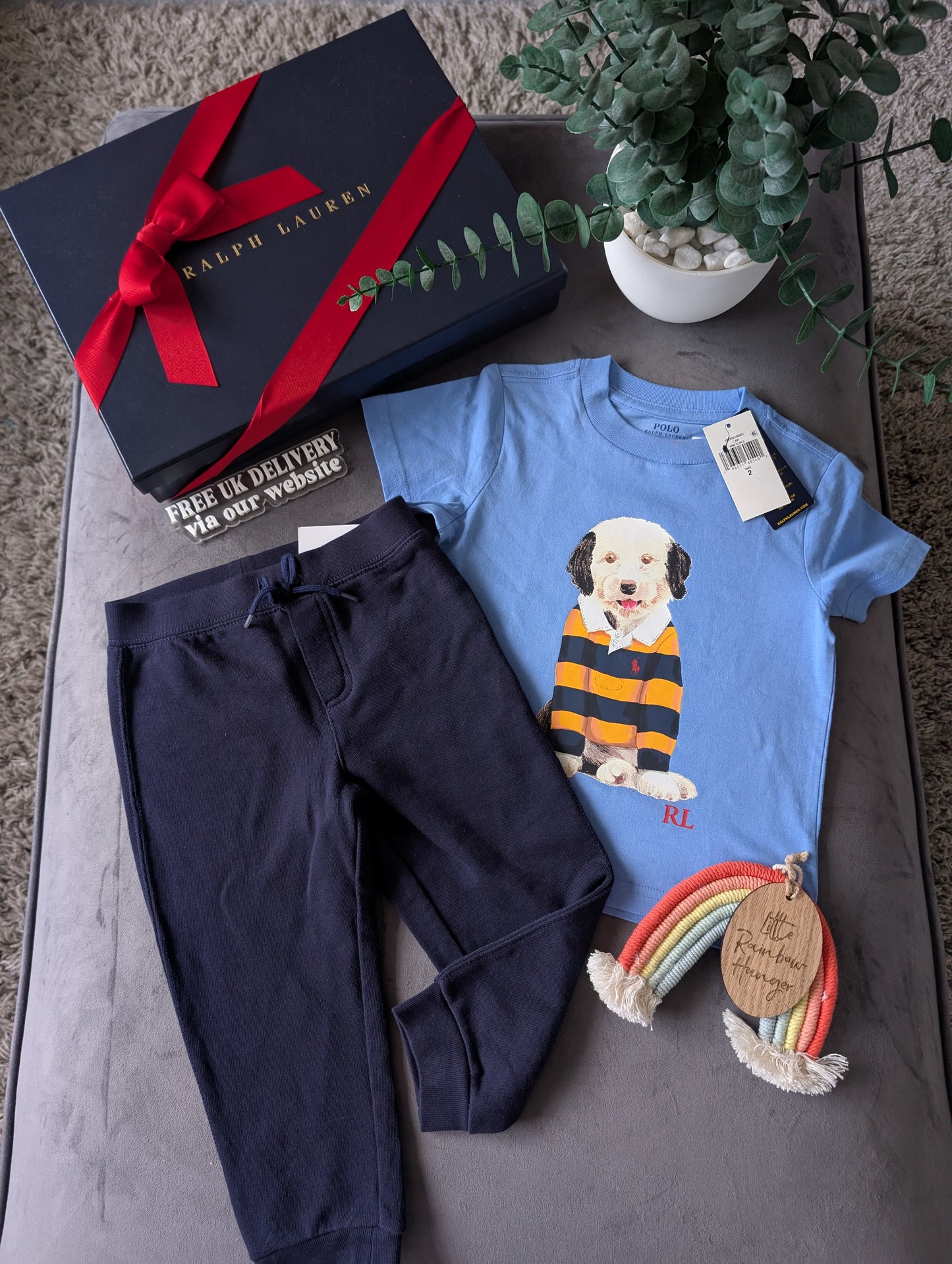 New Ralph Lauren Boys Gorgeous Joggers + Blue Dog T Shirt Outfit Set Smart 2yrs