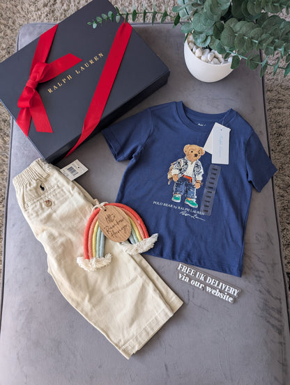 New Polo Ralph Lauren Cute Bear Navy Polo Bear  T-Shirt + Chino Outfit 18m Gift