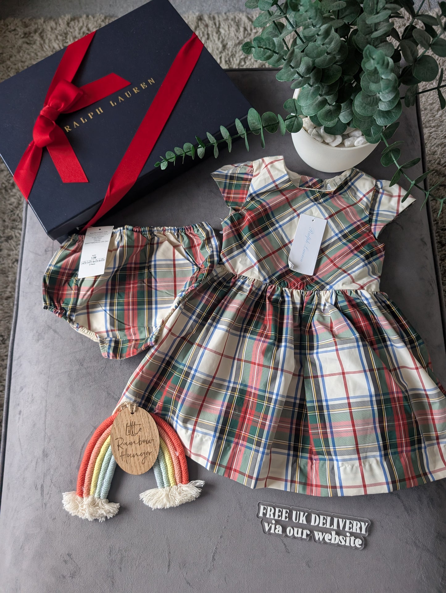 New Ralph Lauren Girls Tartan Plaid Pretty Black Vincenza Dress Ivory Gift 9-12m