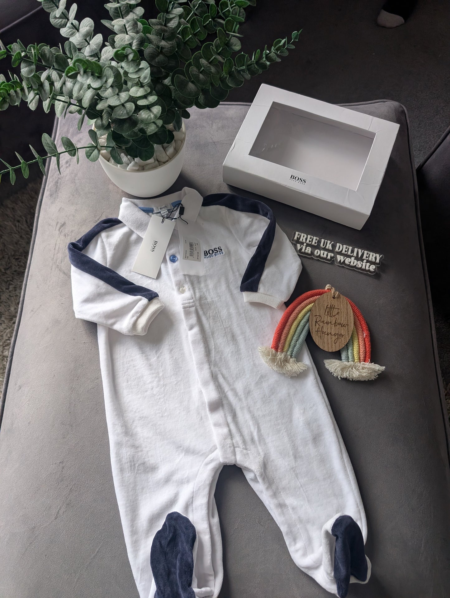 New Hugo Boss Baby Boy Ivory Blue Romper All In One 9-12m £75 Gift Smart Velour