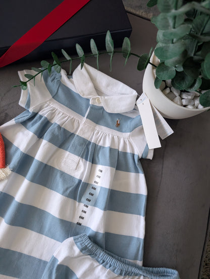 New Stunning Ralph Lauren Baby Girls Blue Cute  Stripe Dress + Bloomer 3-6m Gift