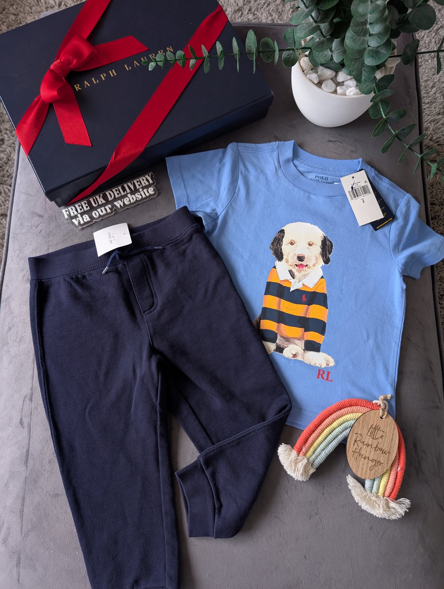 New Ralph Lauren Boys Gorgeous Joggers + Blue Dog T Shirt Outfit Set Smart 2yrs