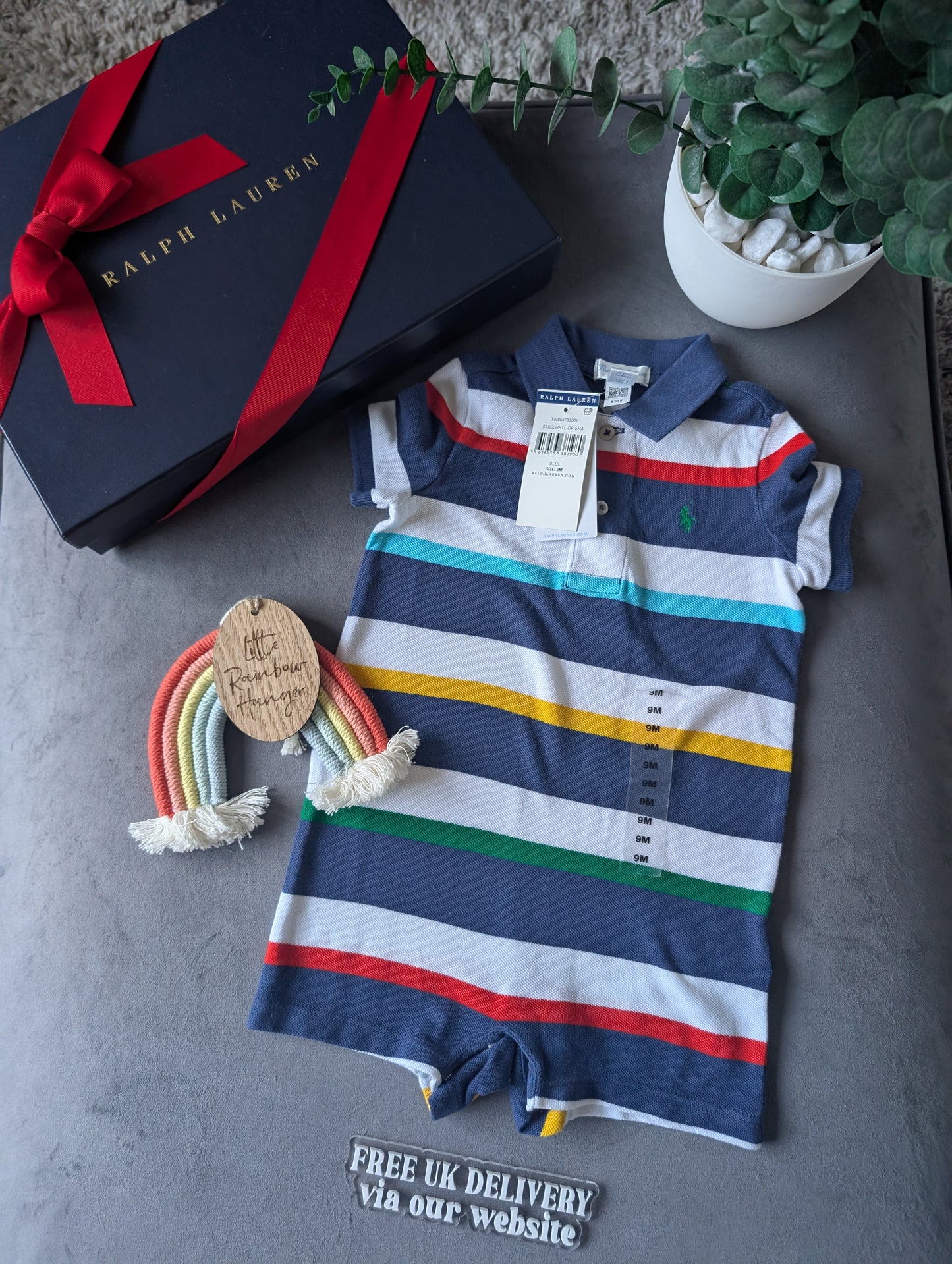 New Ralph Lauren Baby Boy Navy Blue Stripe Romper 6-9m Gift Cute Baby Summer