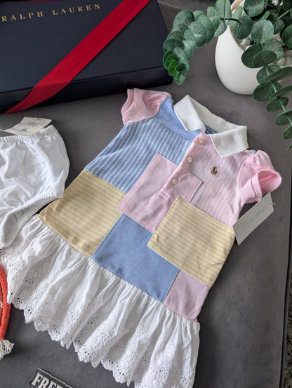 New Ralph Lauren Patchwork Pastel Baby Girls Frill  Polo Dress 3-6m Gift Pink