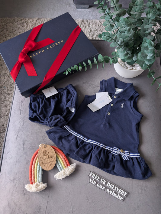 New Ralph Lauren Girls Navy Frill Polo Frill Sleeveless Dress Gift + Bloomers 3m