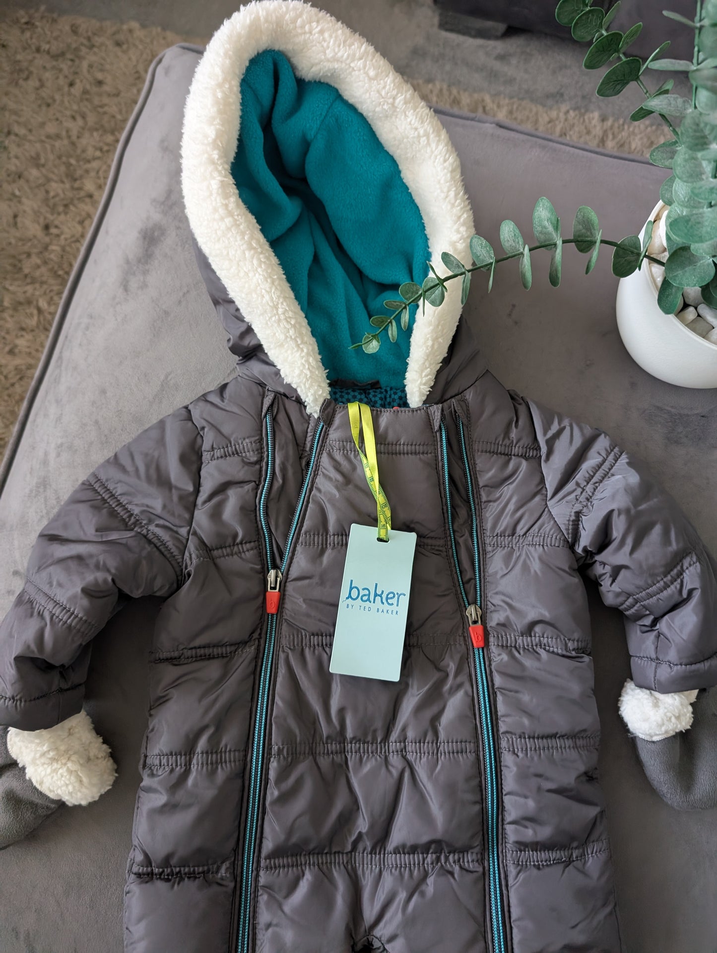 New Baby Boy Ted Baker Snowsuit All In One Suit 3-6 Months Grey Faux Fur Fleece