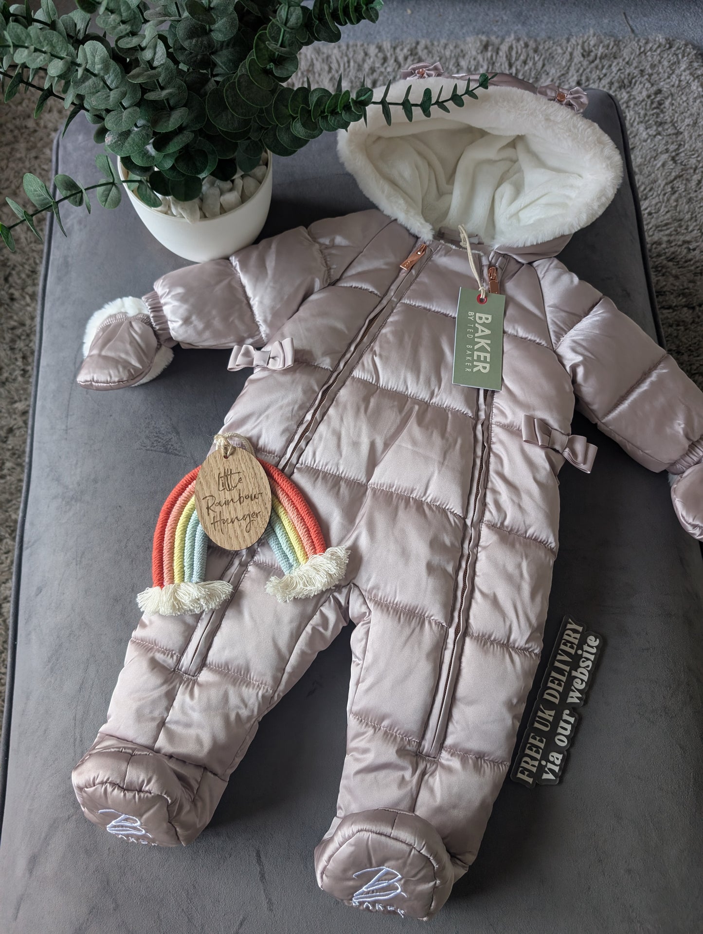 Ted Baker Silver Padded Ruffle Trim Snowsuit & Mittens Set Age 3-6mths BNWT £54