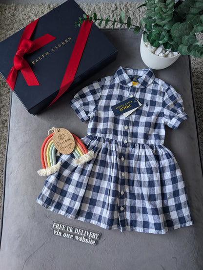 New Ralph Lauren Girls Gingham Navy White Check Dress Occasion Gift 2yrs Pretty