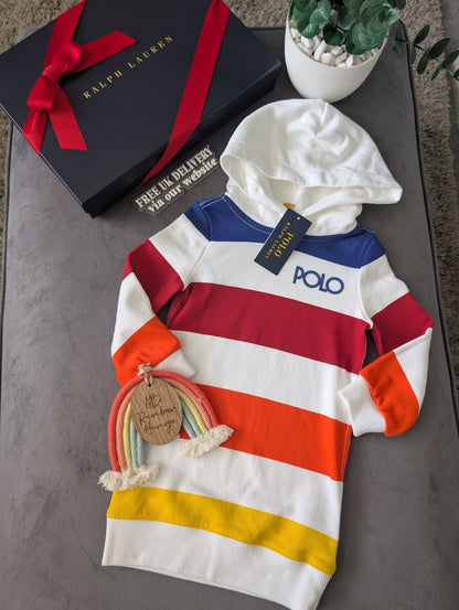 New Ralph Lauren Girls Hoodie Jumper Dress Polo Multicoloured Logo 2-3yrs Gift