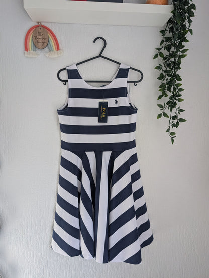 New Ralph Lauren Girls Navy White Stripe Sleeveless Swing Dress 10-11y Summer