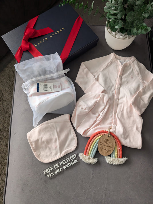 New Ralph Lauren Baby Pink Gift Set Basket Bear Romper Hat + Bib 6-9m Girls 3pc