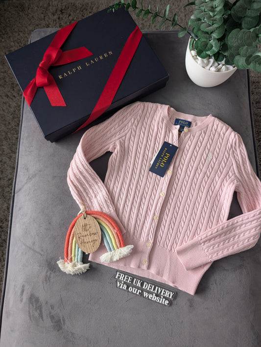 New Girls Ralph Lauren Pink Jumper baby pink cable knit viral Cardigan UK 6-7y