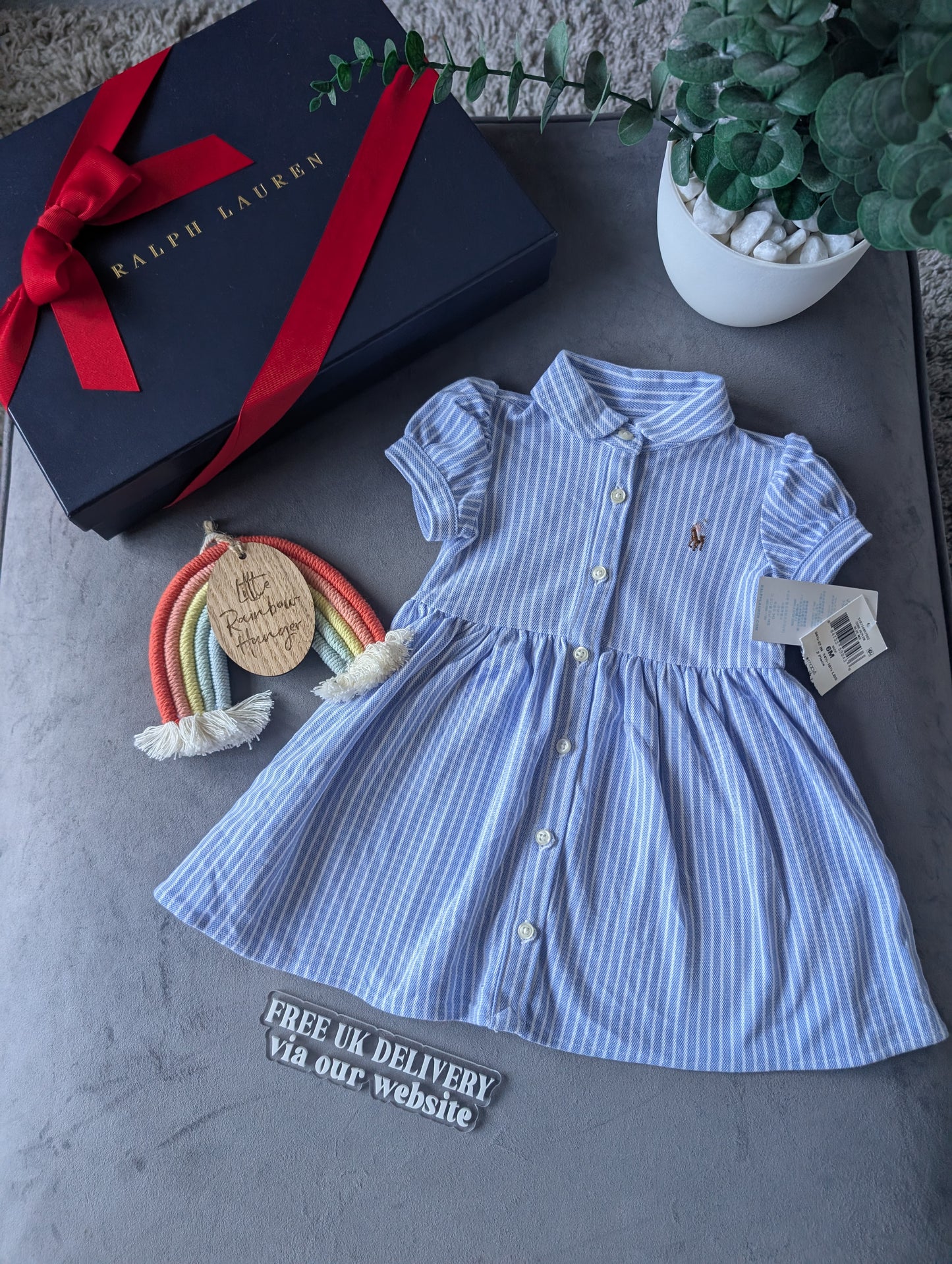 New Ralph Lauren Baby Girl Oxford Mesh Dress Blue Stripe Pretty Cute 3-6m Gift