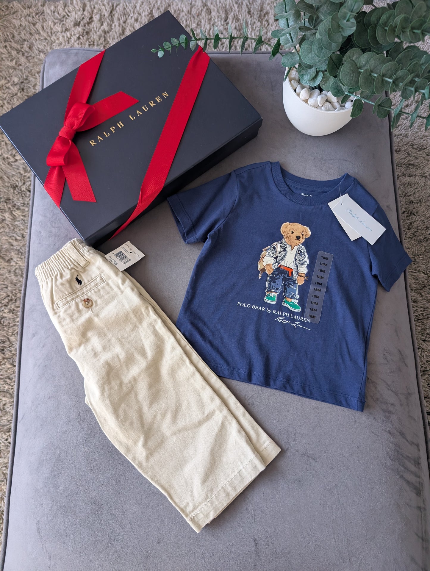 New Polo Ralph Lauren Cute Bear Navy Polo Bear  T-Shirt + Chino Outfit 18m Gift