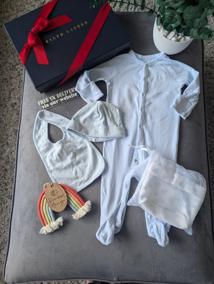 New Ralph Lauren Baby Boy Gift Set Basket Bear Romper Hat + Bib 6-9m Gift 4pc