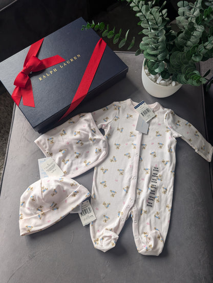 New Ralph Lauren Girls Pink Baby 3 Piece Gift Set Baby Bear Newborn Gift Ivory