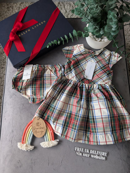 New Ralph Lauren Girls Tartan Plaid Pretty Black Vincenza Dress Ivory Gift 9-12m