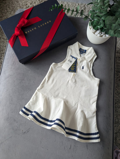 New Ralph Lauren Girls White Navy Stripe Polo Frill Sleeveless Dress Gift Age 2y