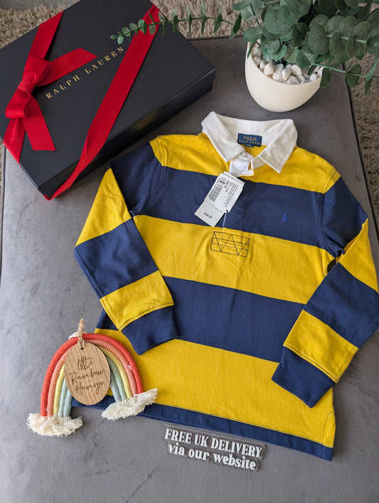 New Ralph Lauren Boys Rugby Style Stripe Long Sleeve Polo Yellow Navy 6 y Boys