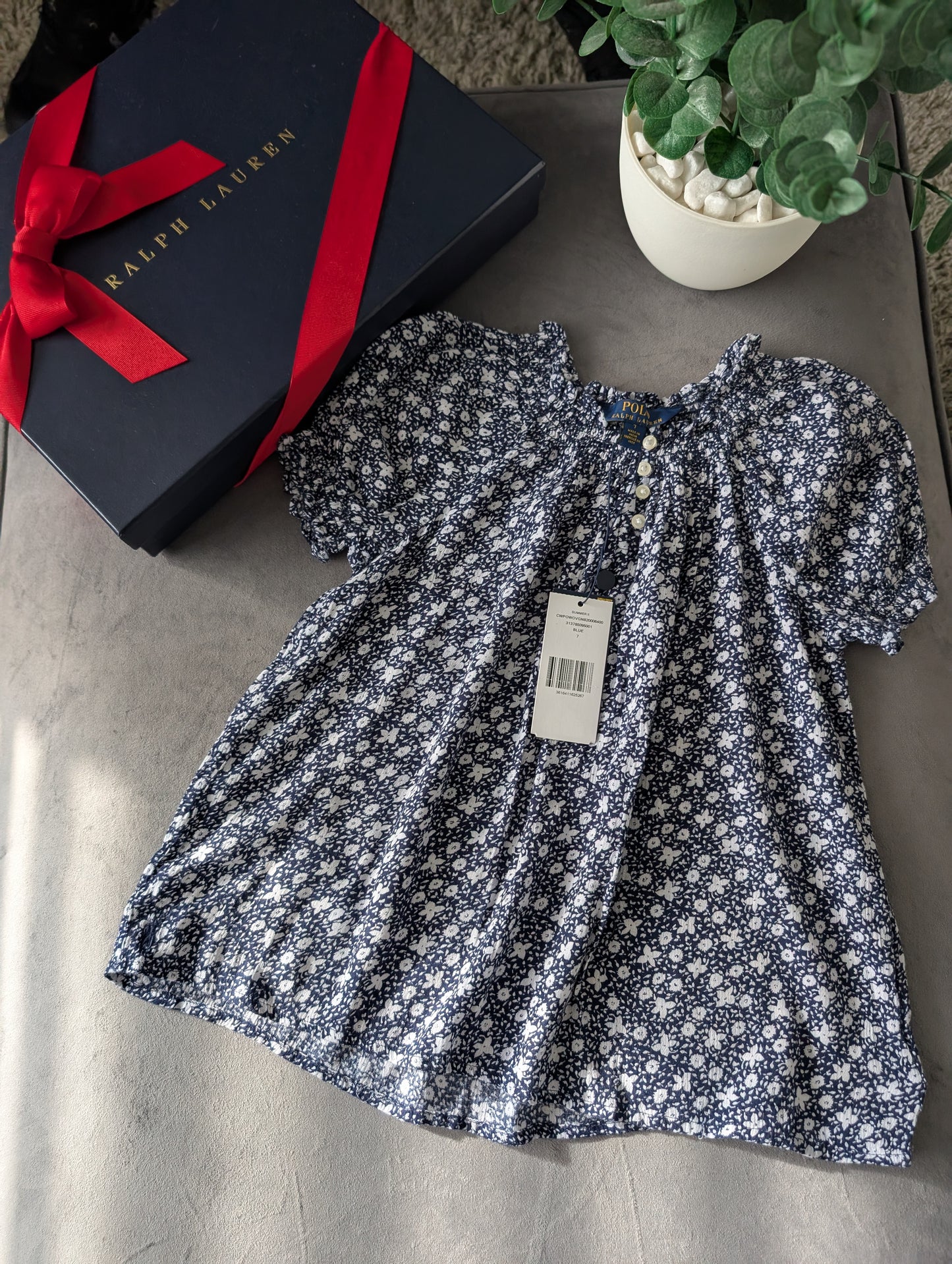 New Ralph Lauren Girls Floral Frill Smocked Top Pretty Occasion Age 7 Navy Gift