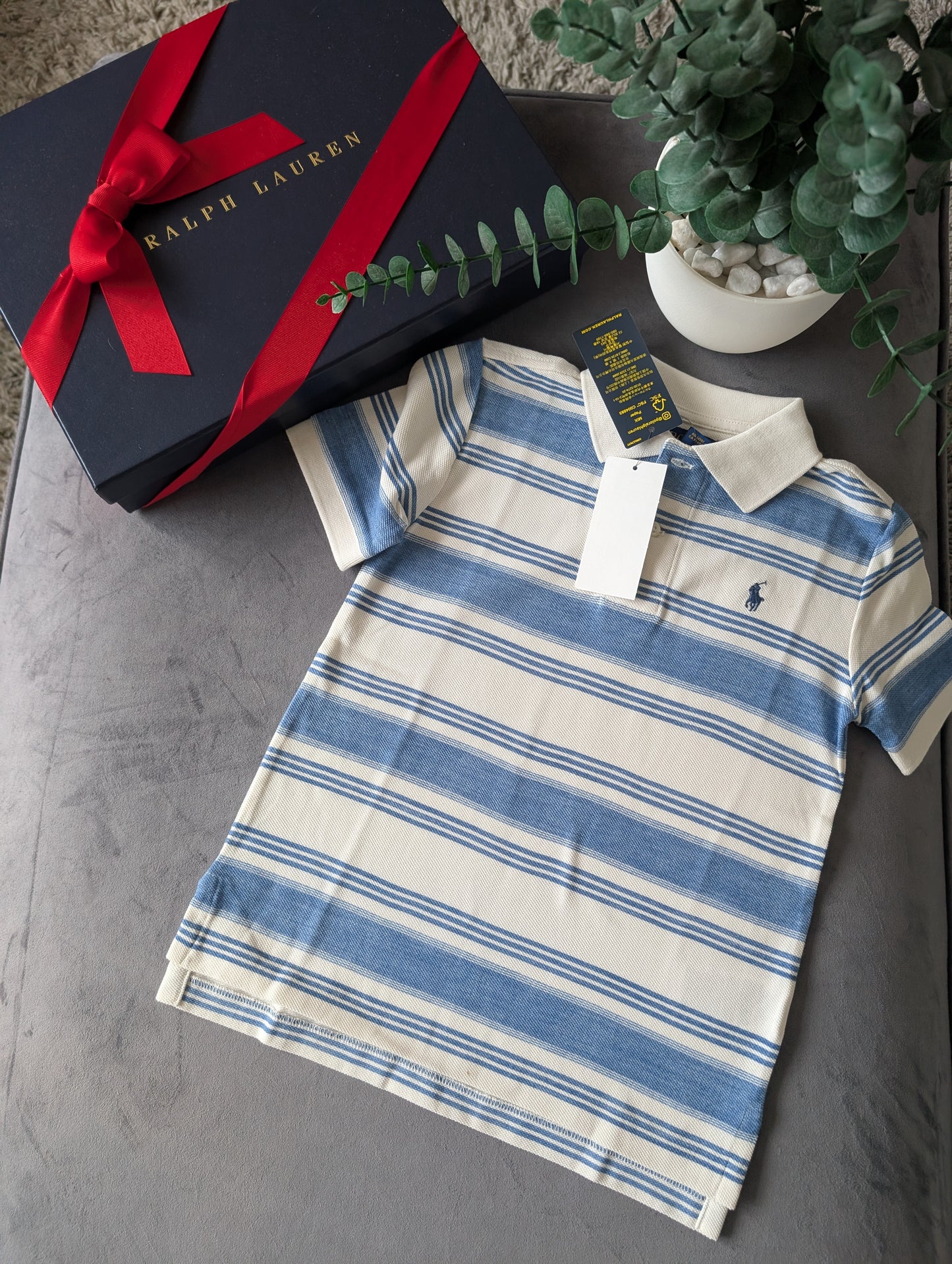 New Ralph Lauren Boys White Blue Stripe Smart Polo T Shirt Summer Gift Casual 4y