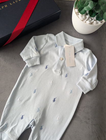 New Ralph Lauren Baby Babygrow All In One 0-3m Blue Polo All Over RL Print Gift