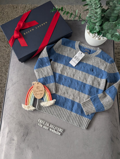 New Boys Ralph Lauren Blue Grey Stripe Cable knit jumper Cashmere Blend 5-6yr