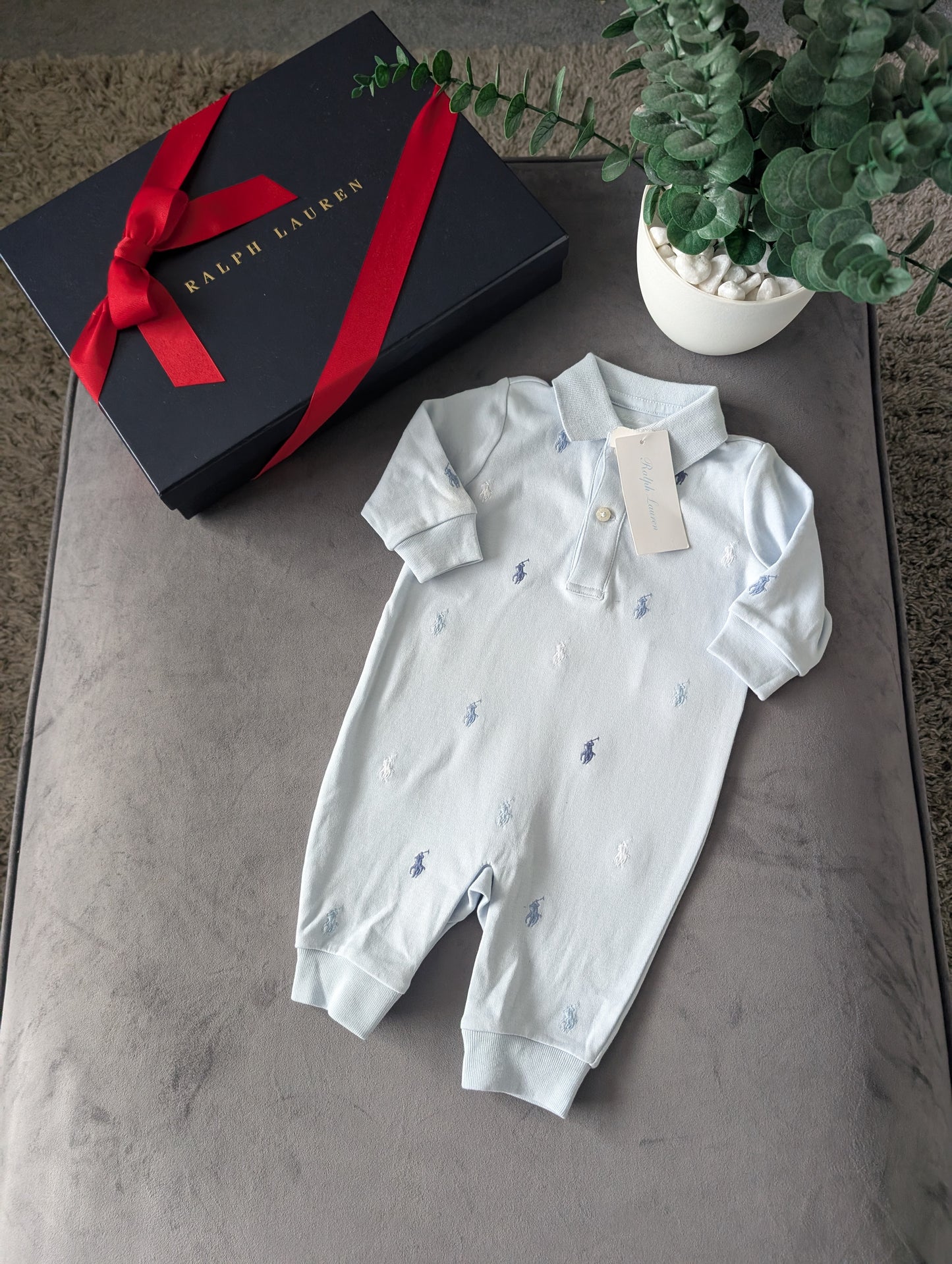 New Ralph Lauren Baby Babygrow All In One 0-3m Blue Polo All Over RL Print Gift