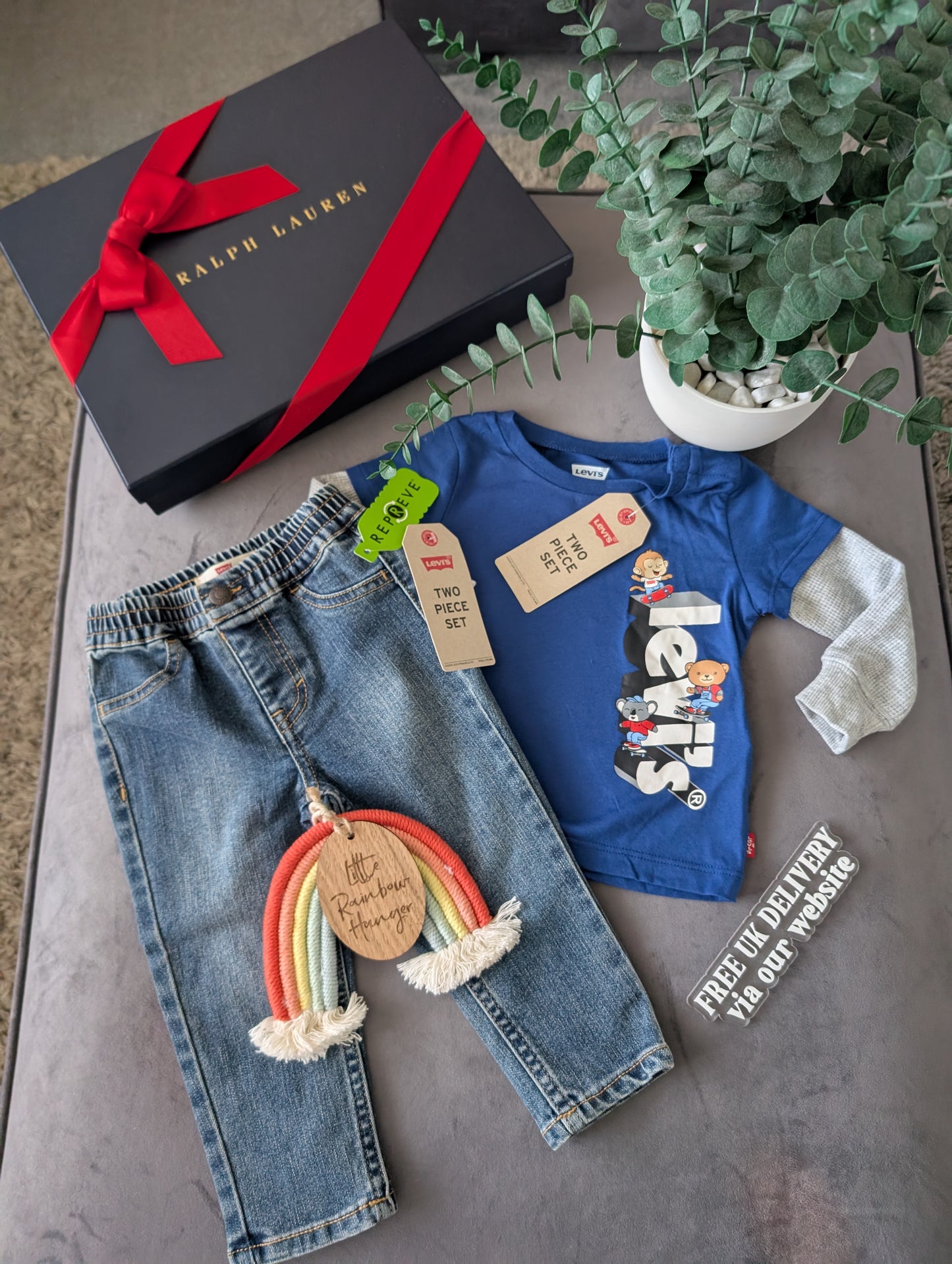 New Levi Baby Denim Pull Up Jeans + T Shirt Outfit Set Gift Smart Casual 6-9m