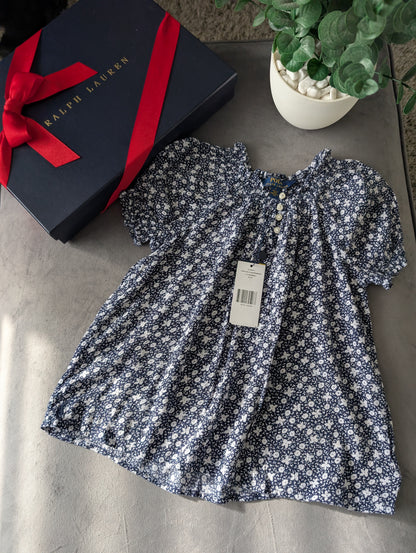 New Ralph Lauren Girls Floral Frill Smocked Top Pretty Occasion Age 7 Navy Gift