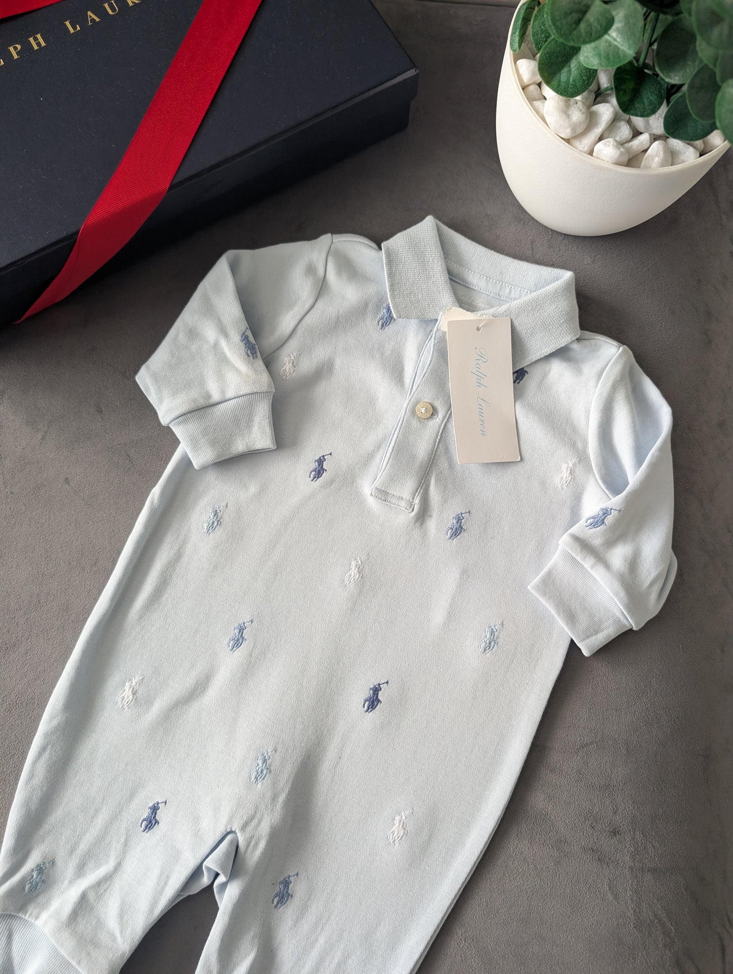 New Ralph Lauren Baby Babygrow All In One 0-3m Blue Polo All Over RL Print Gift