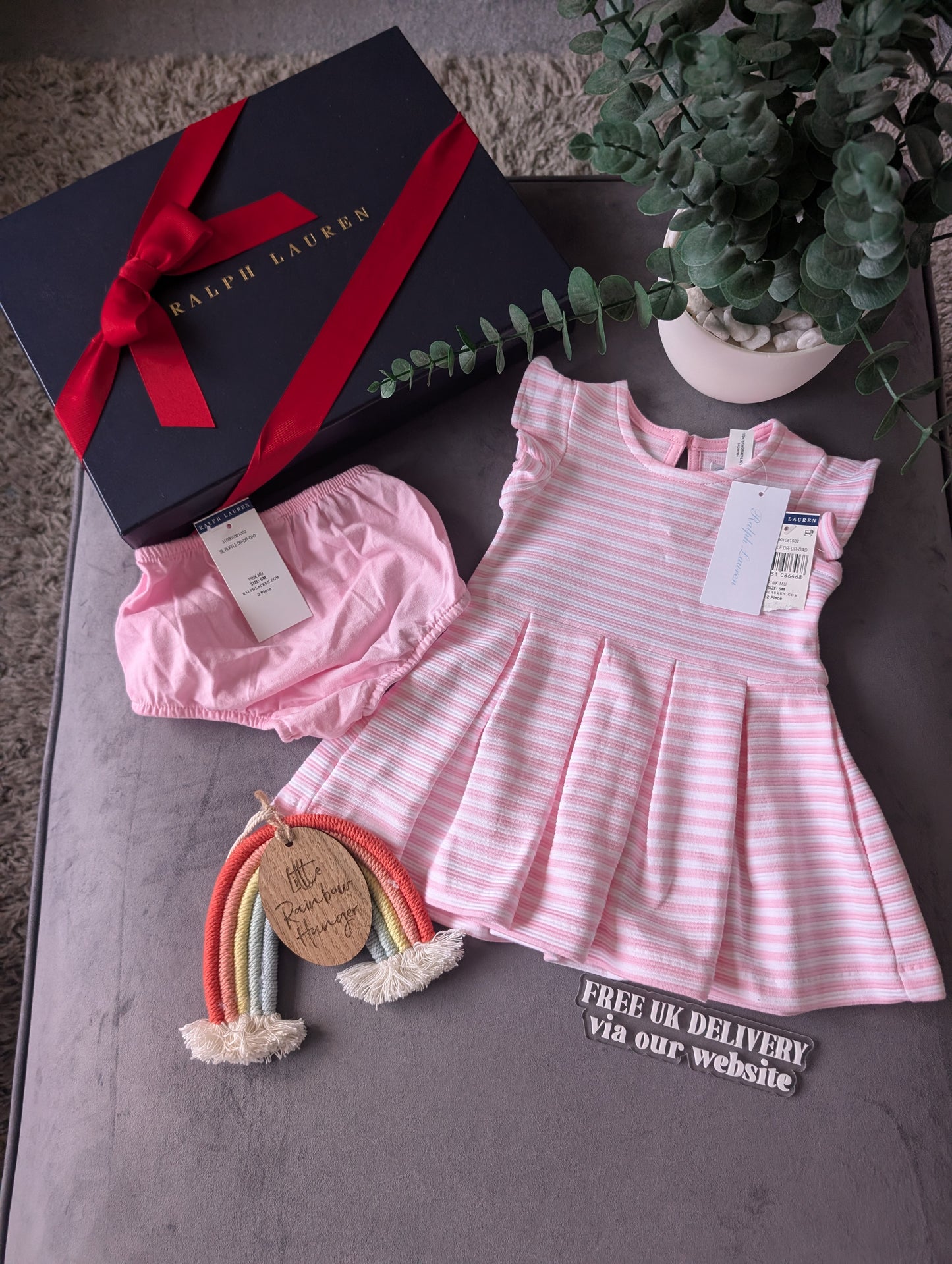 New Stunning Girls Ralph Lauren Pink Ribbed Stripe Dress Occasion 3-6m Gift