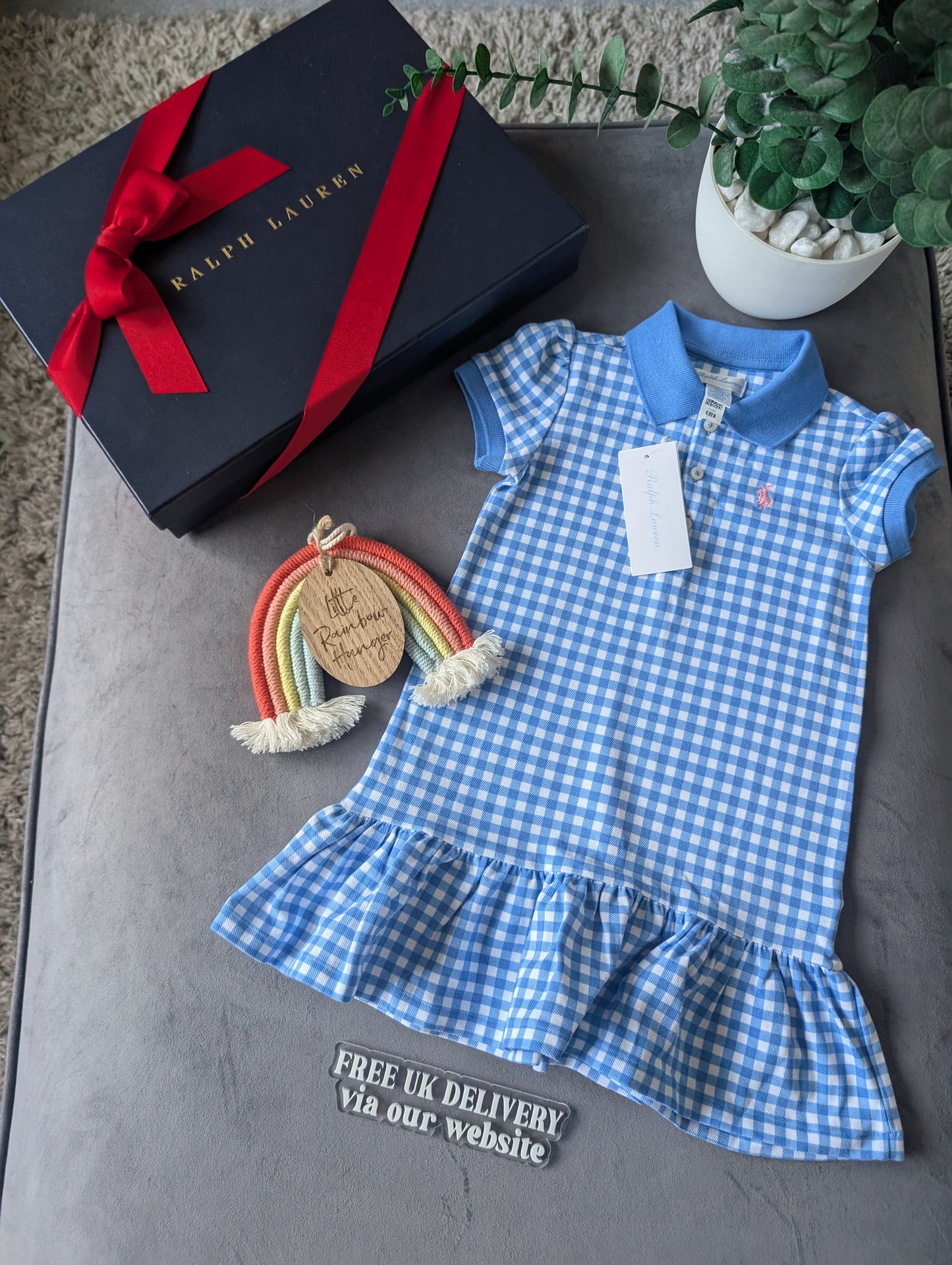 New Ralph Lauren Girls Blue Checked Polo Frill Summer Cute Dress Gift 18-24m