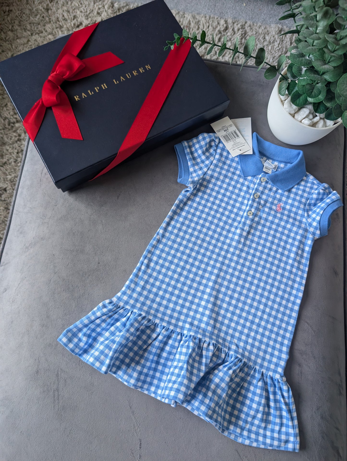 New Ralph Lauren Girls Blue Checked Polo Frill Summer Cute Dress Gift 18-24m