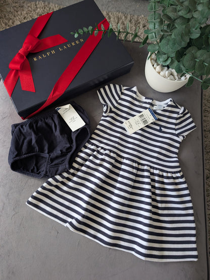 new polo Ralph Lauren French Navy/White Stripe dress Girls Age 6-9M ribbed smart