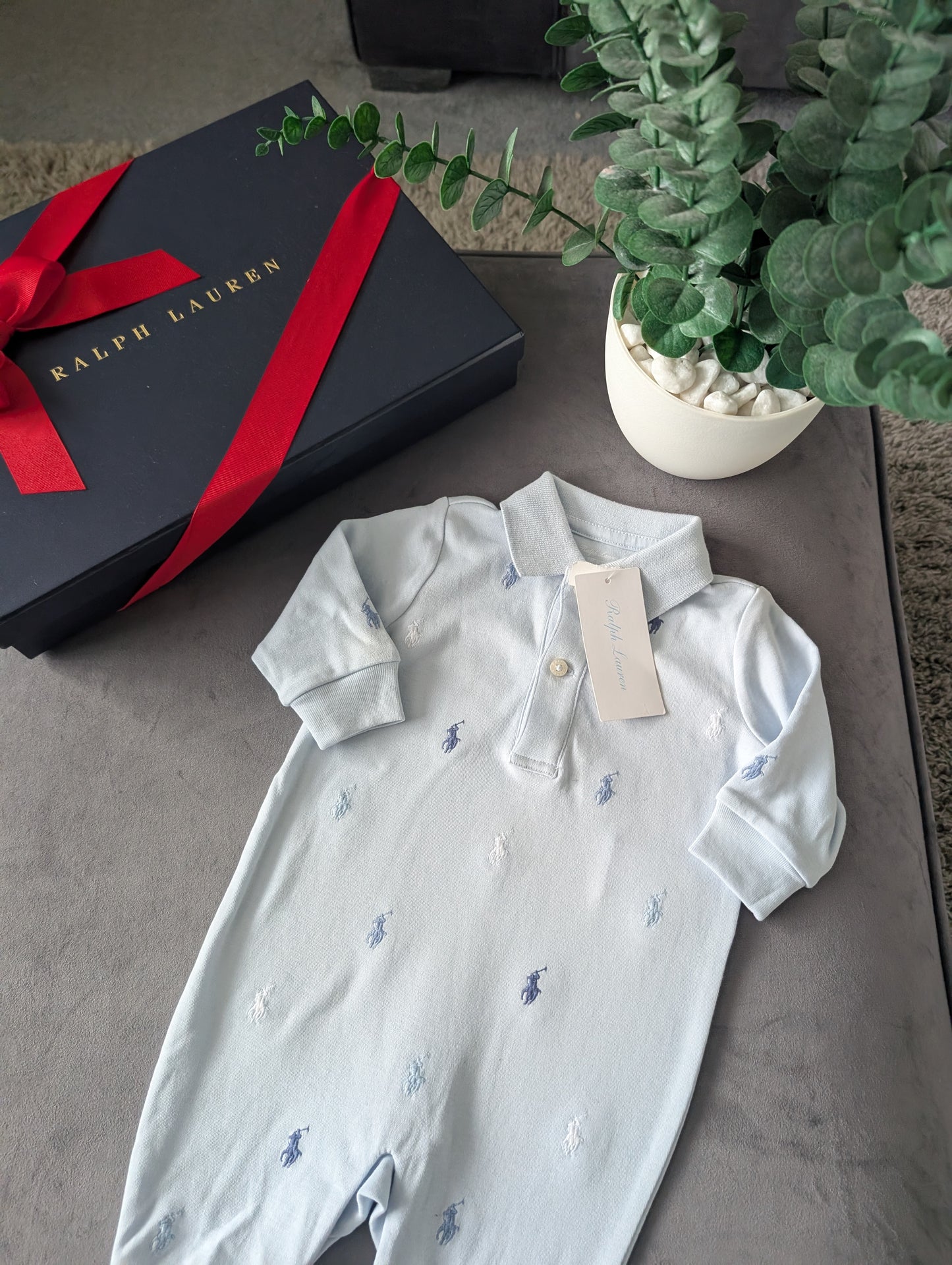 New Ralph Lauren Baby Babygrow All In One 0-3m Blue Polo All Over RL Print Gift