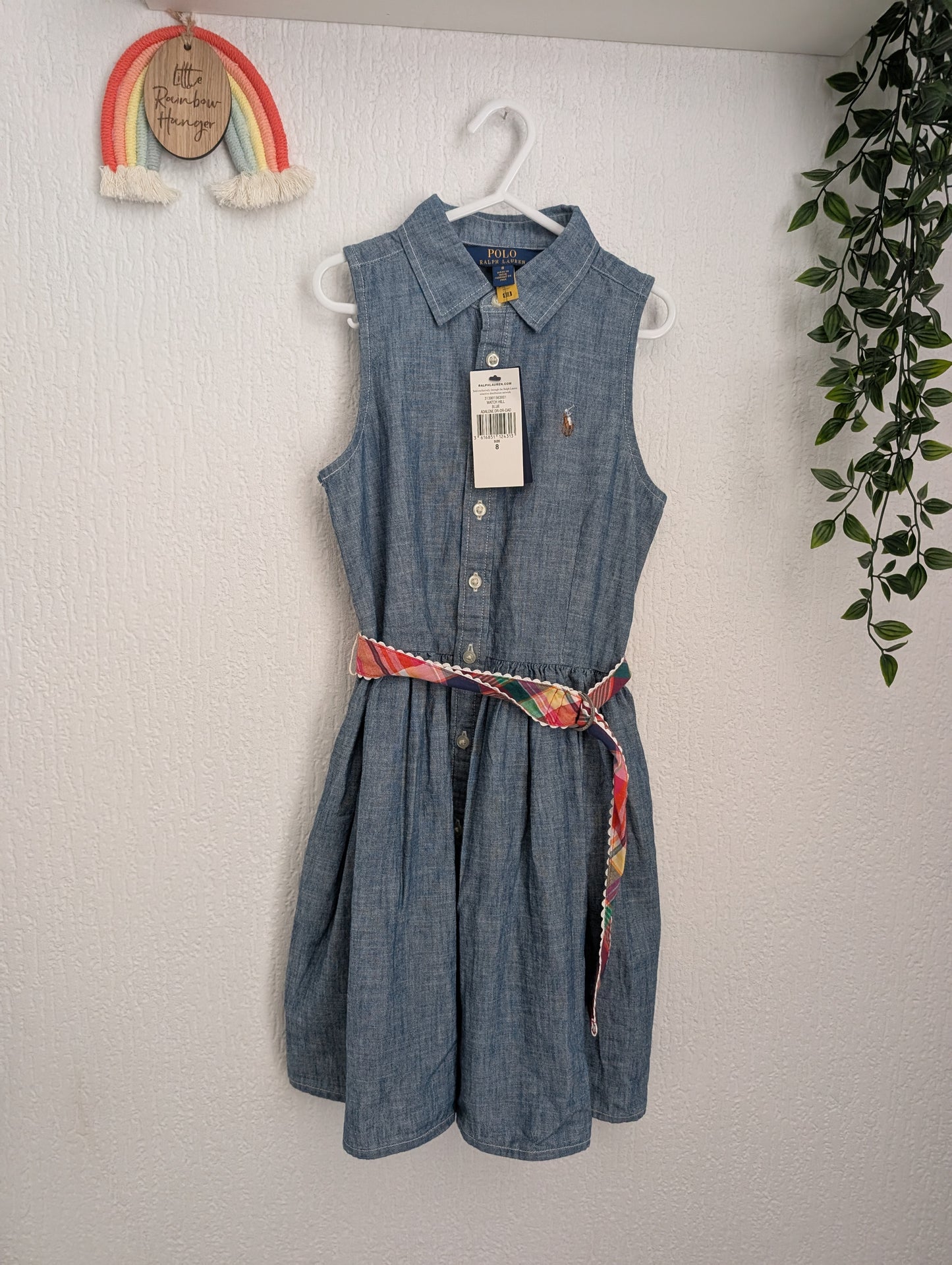 New Girls Polo Ralph Lauren Blue Sleeveless Chambray Dress Belted age 8yrs Gift