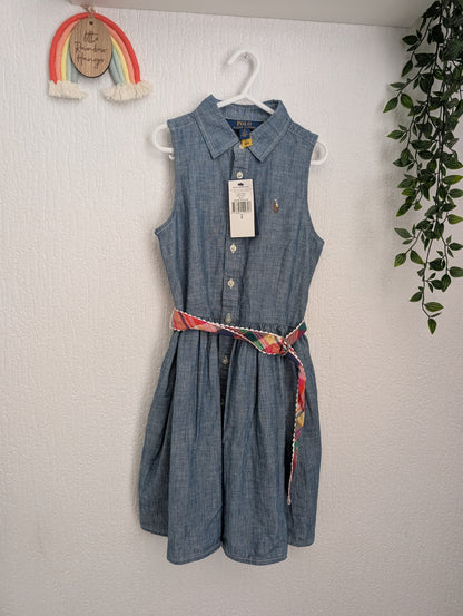 New Girls Polo Ralph Lauren Blue Sleeveless Chambray Dress Belted age 8yrs Gift