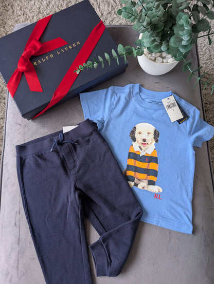 New Ralph Lauren Boys Gorgeous Joggers + Blue Dog T Shirt Outfit Set Smart 2yrs